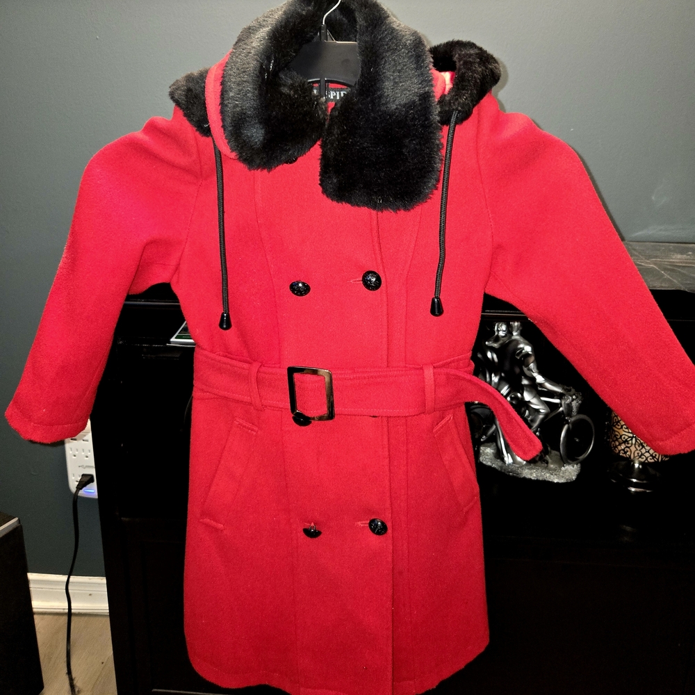 Kids Inspire Red Trench Coat with Black Faux Fur Collar